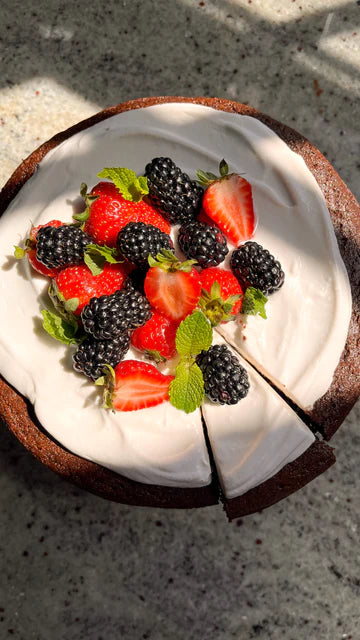 Dairy-free Chocolate Yogurt Cake with Whipped Coconut Cream + Fresh Berries
